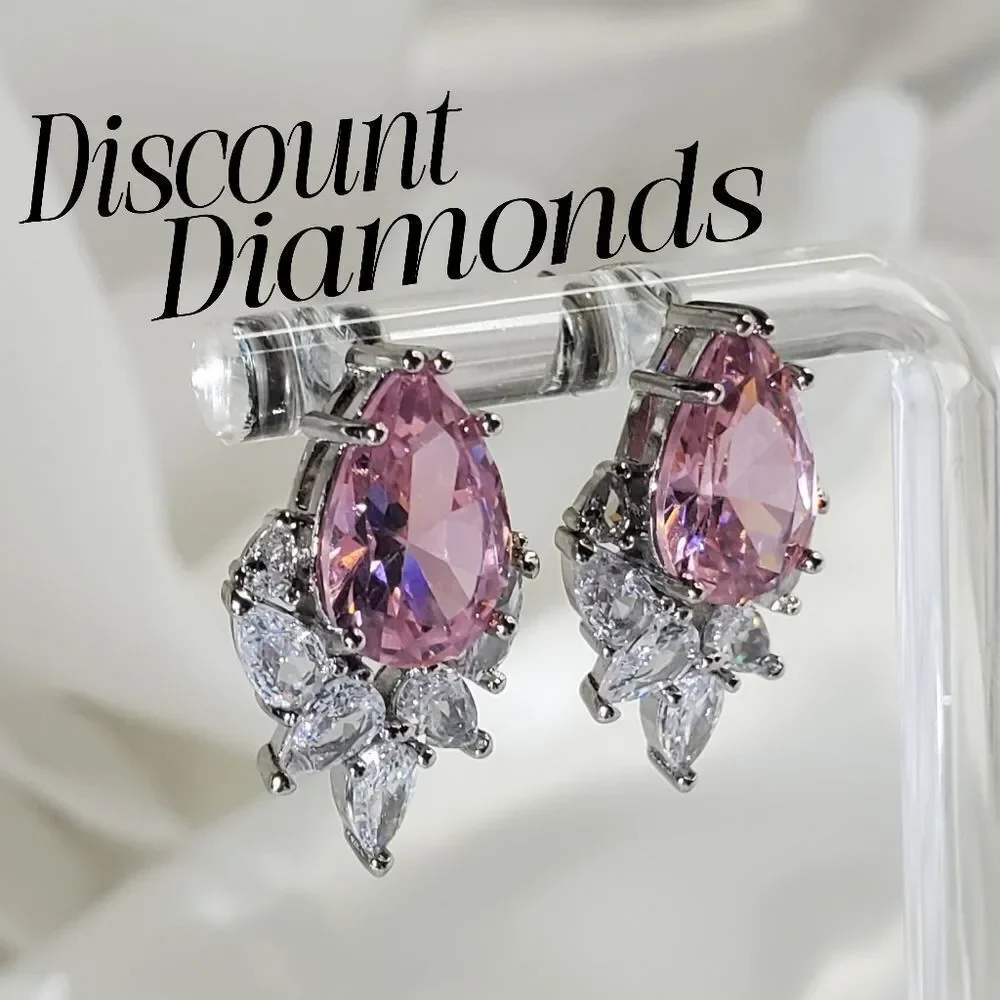 Pear Cut Pink Sapphire White Baguette Diamond Stud  Earrings 925